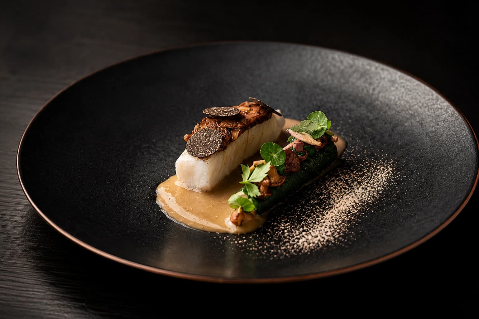 Gerecht met truffel op een zwart bord